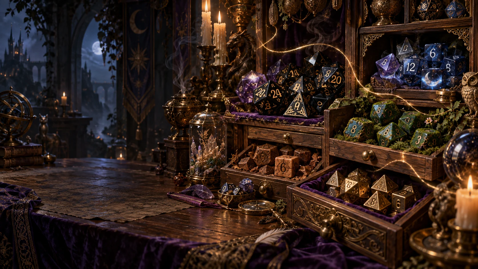 A magical collector’s cabinet full of ornate dice.