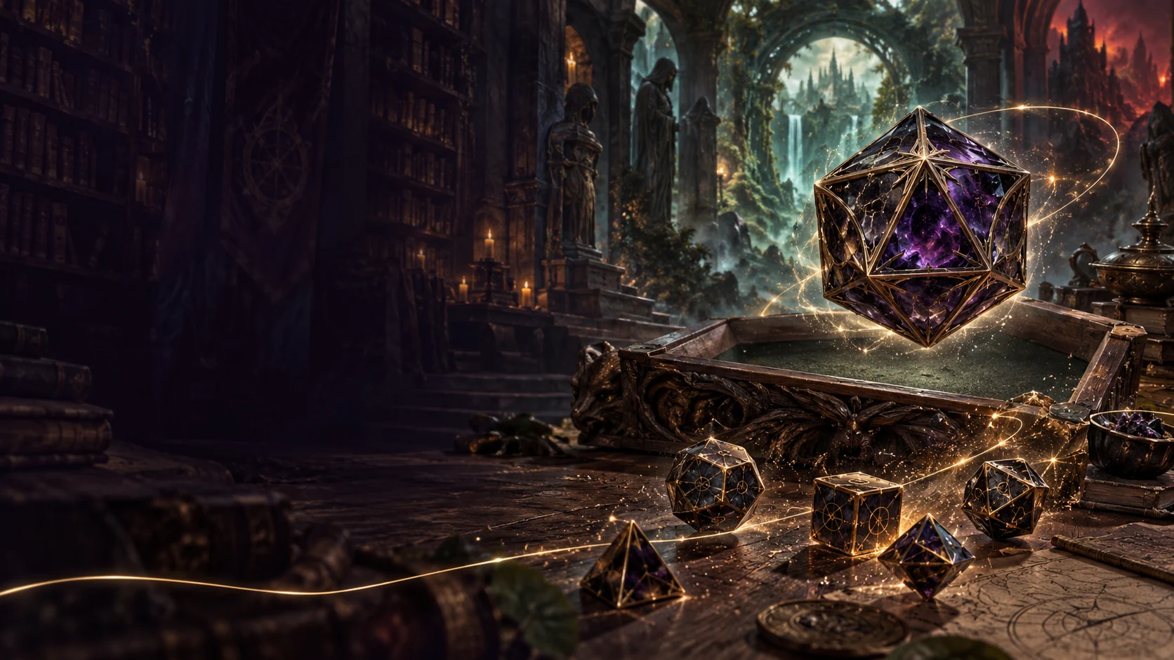 Amethyst dice above a magical tray between fantasy realms.