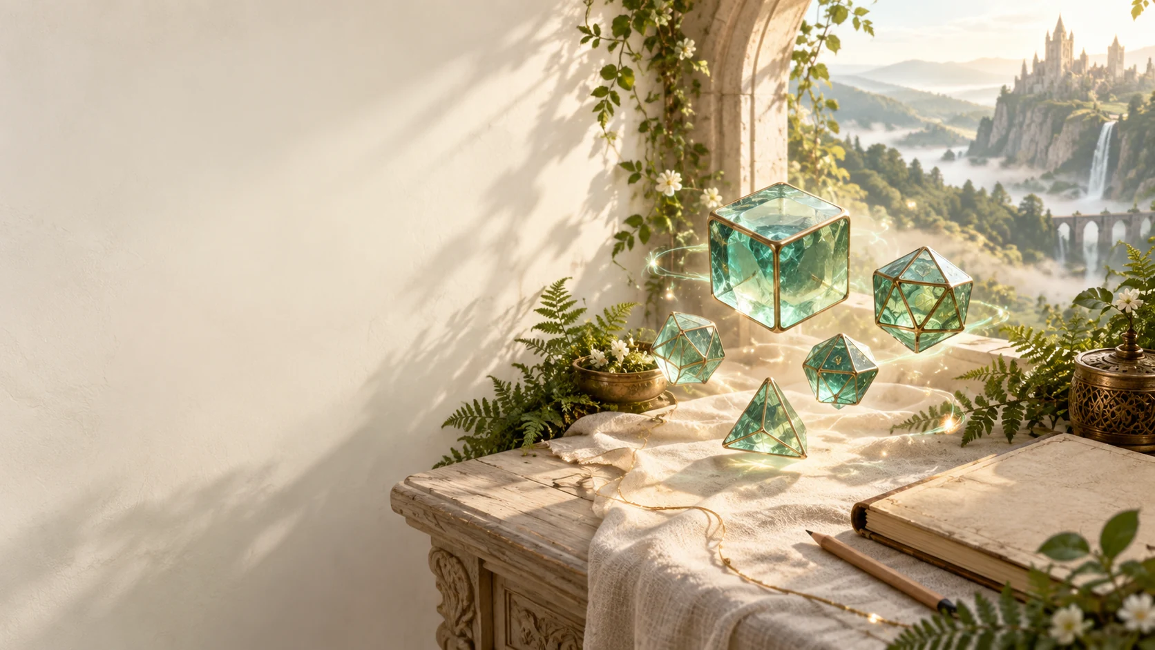 Glass dice on a bright table beside an open window.