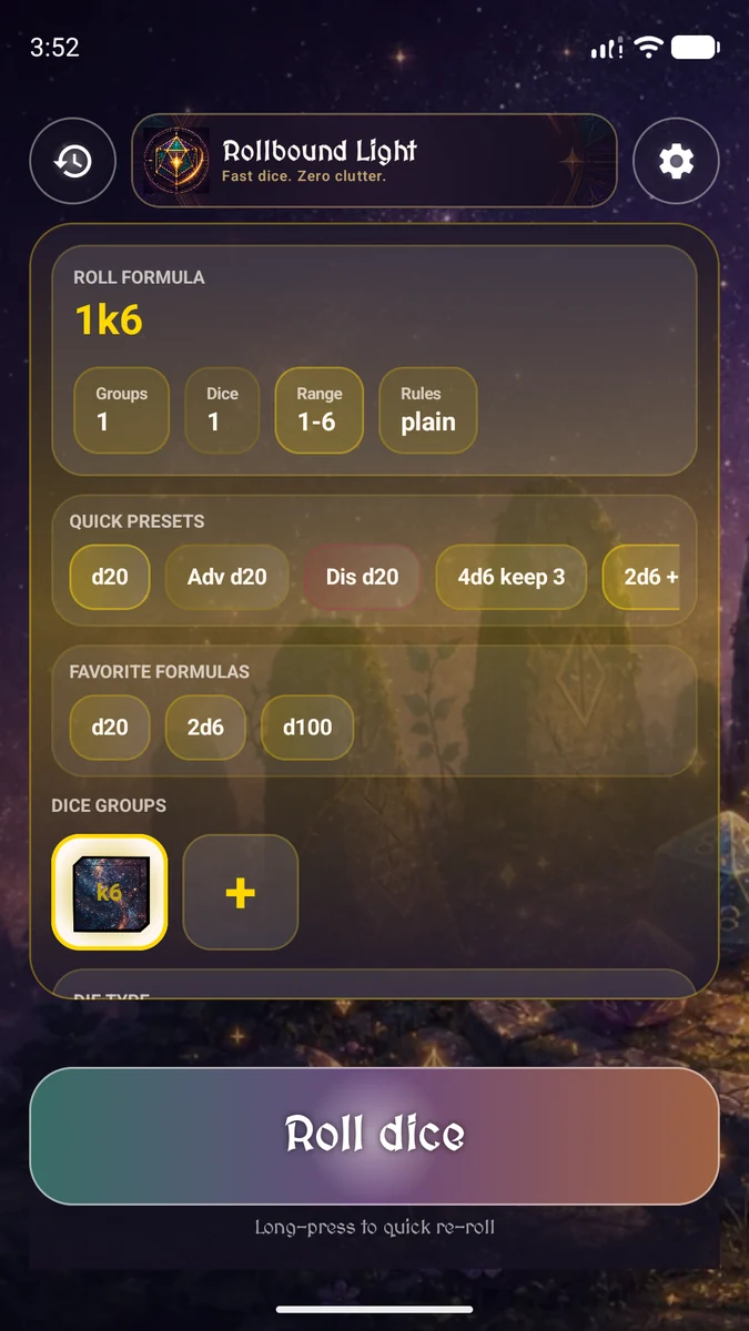 An actual Rollbound Light dice screen.