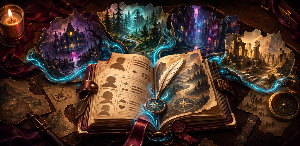 An open journal leading into four story worlds.