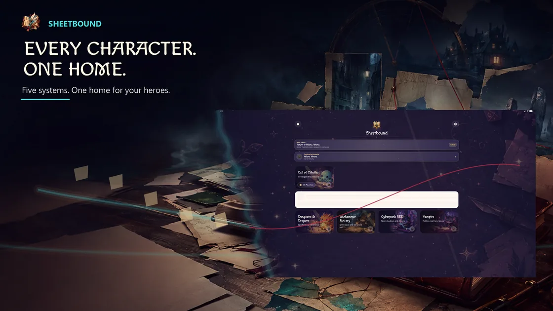 RPG system selection and character library in Sheetbound.