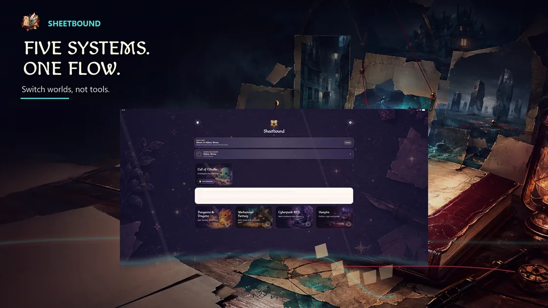 Five supported RPG systems on the Sheetbound screen.