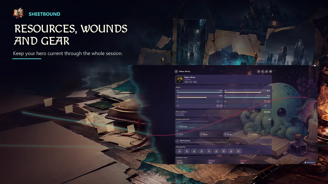 Resources, wounds and gear on a Sheetbound character sheet.