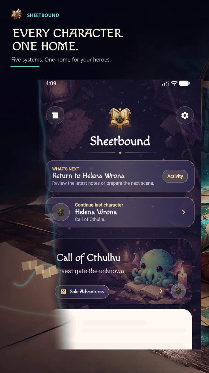 RPG system selection and character library in Sheetbound.