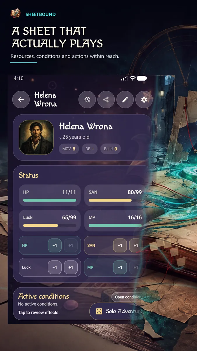Interactive character sheet and resources in Sheetbound.