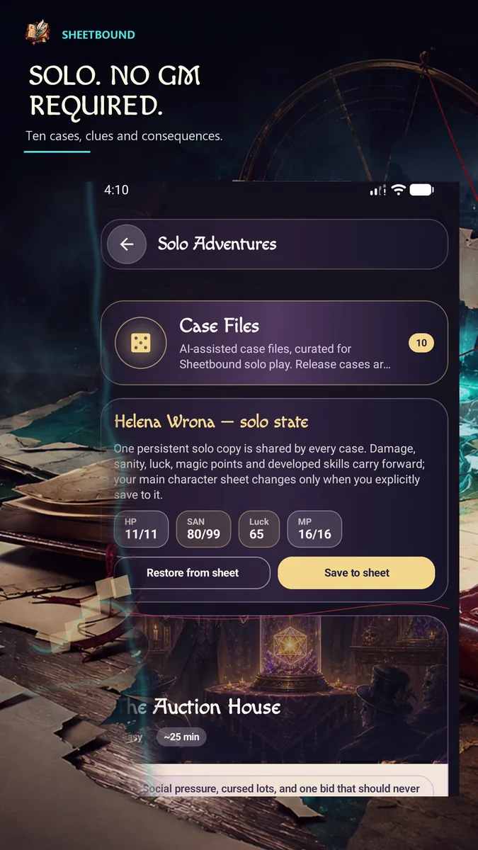 List of solo adventures available in Sheetbound.