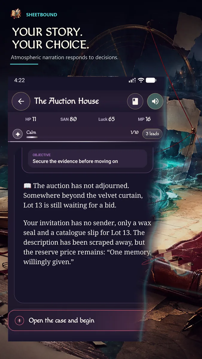Narrative scene with a player choice in Sheetbound.