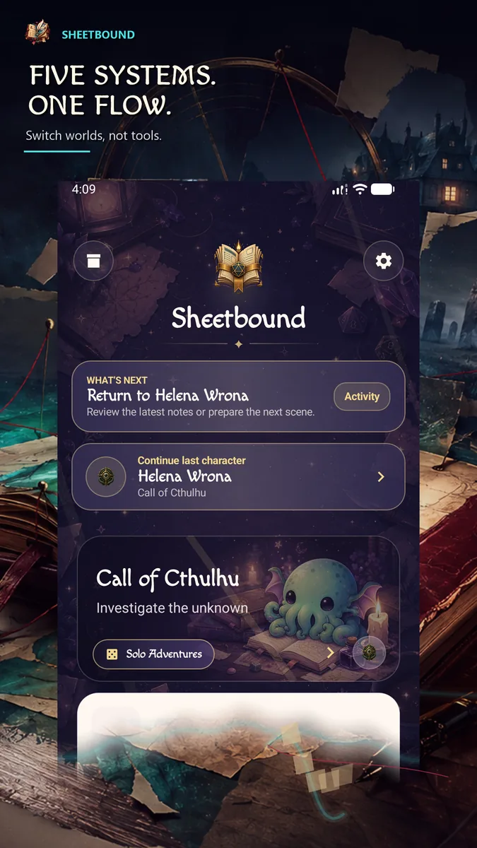 Five supported RPG systems on the Sheetbound screen.