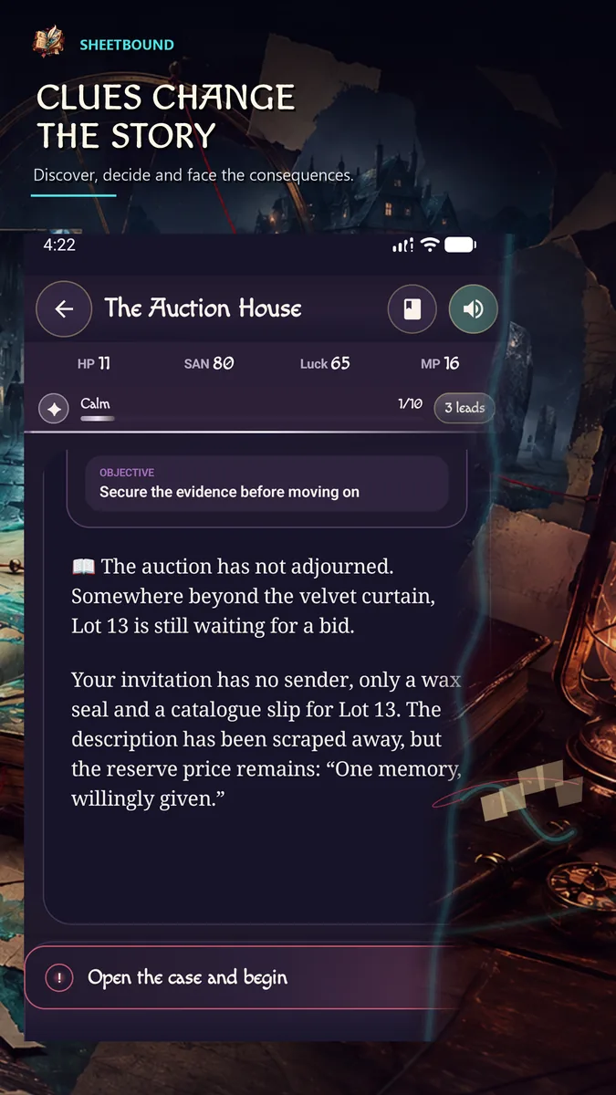 Clues and decisions shaping a solo story in Sheetbound.