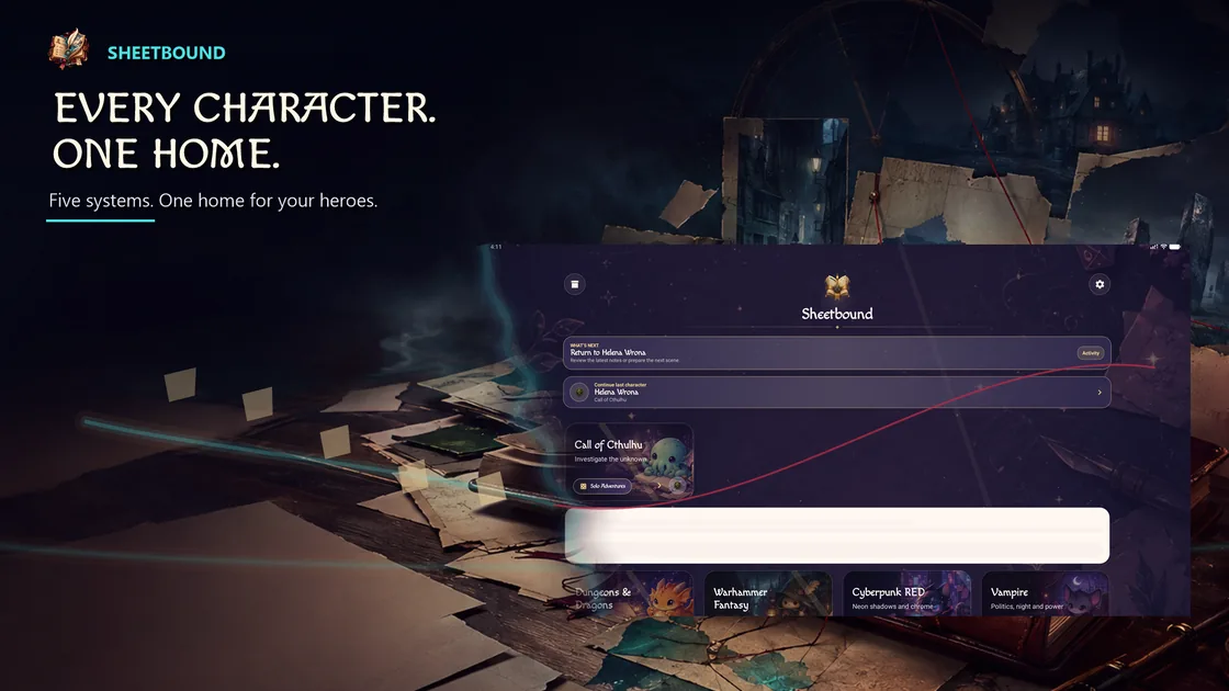 RPG system selection and character library in Sheetbound.