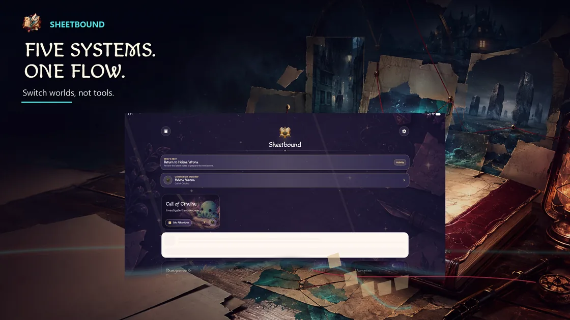 Five supported RPG systems on the Sheetbound screen.