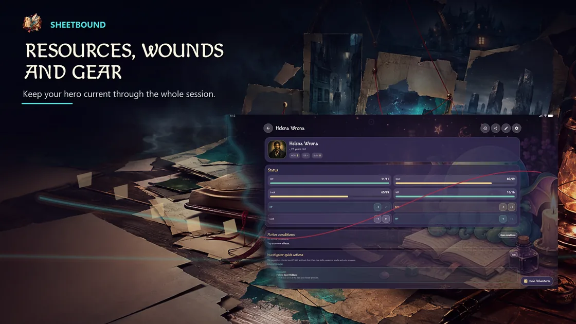 Resources, wounds and gear on a Sheetbound character sheet.