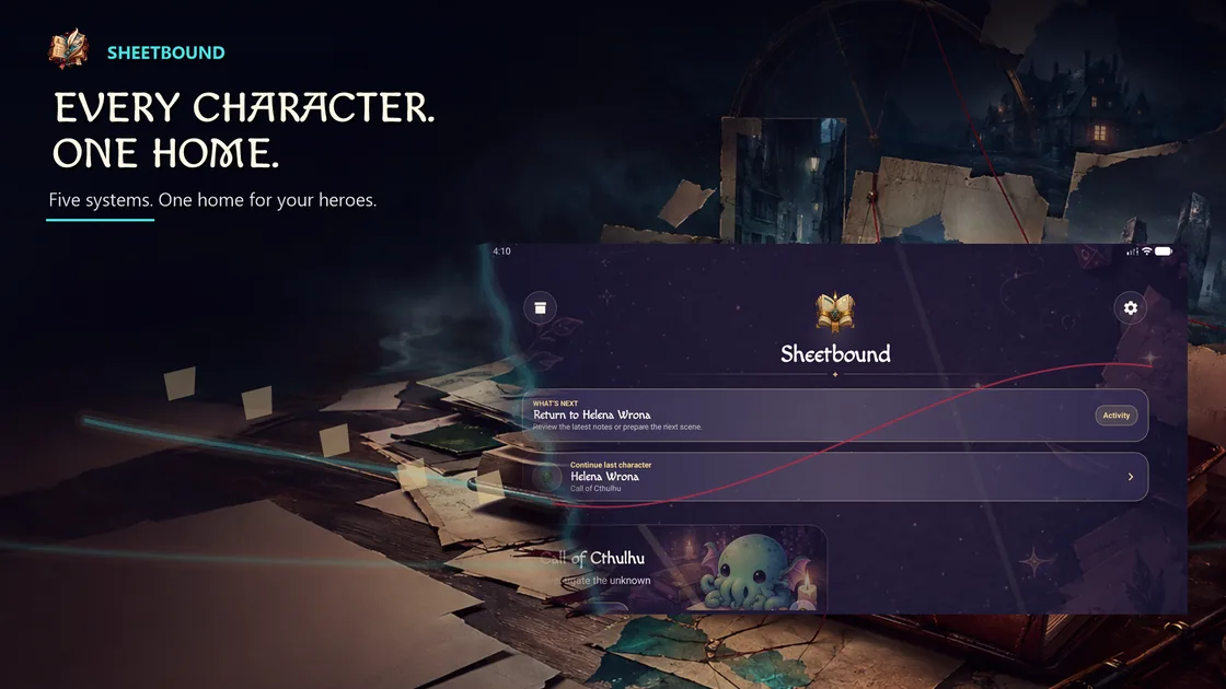 RPG system selection and character library in Sheetbound.