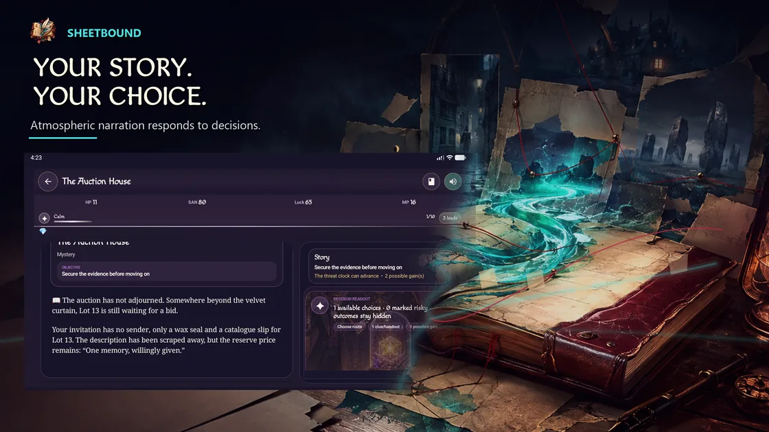 Narrative scene with a player choice in Sheetbound.