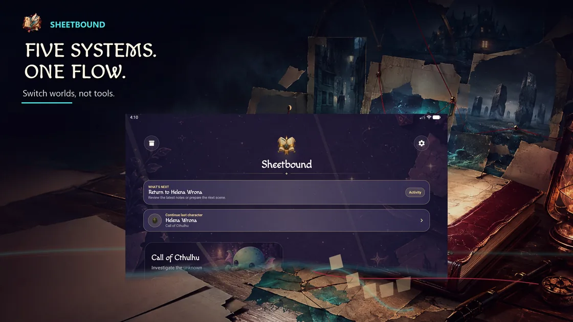 Five supported RPG systems on the Sheetbound screen.