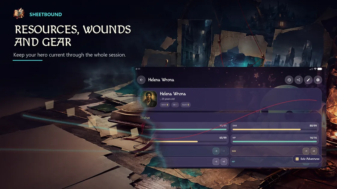 Resources, wounds and gear on a Sheetbound character sheet.