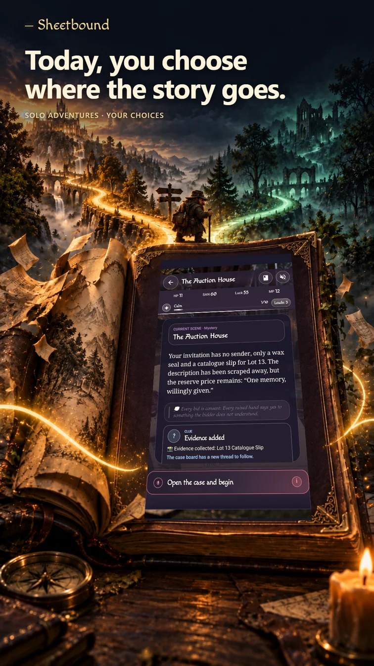 An illustrated scene with a real Sheetbound solo adventure screen.