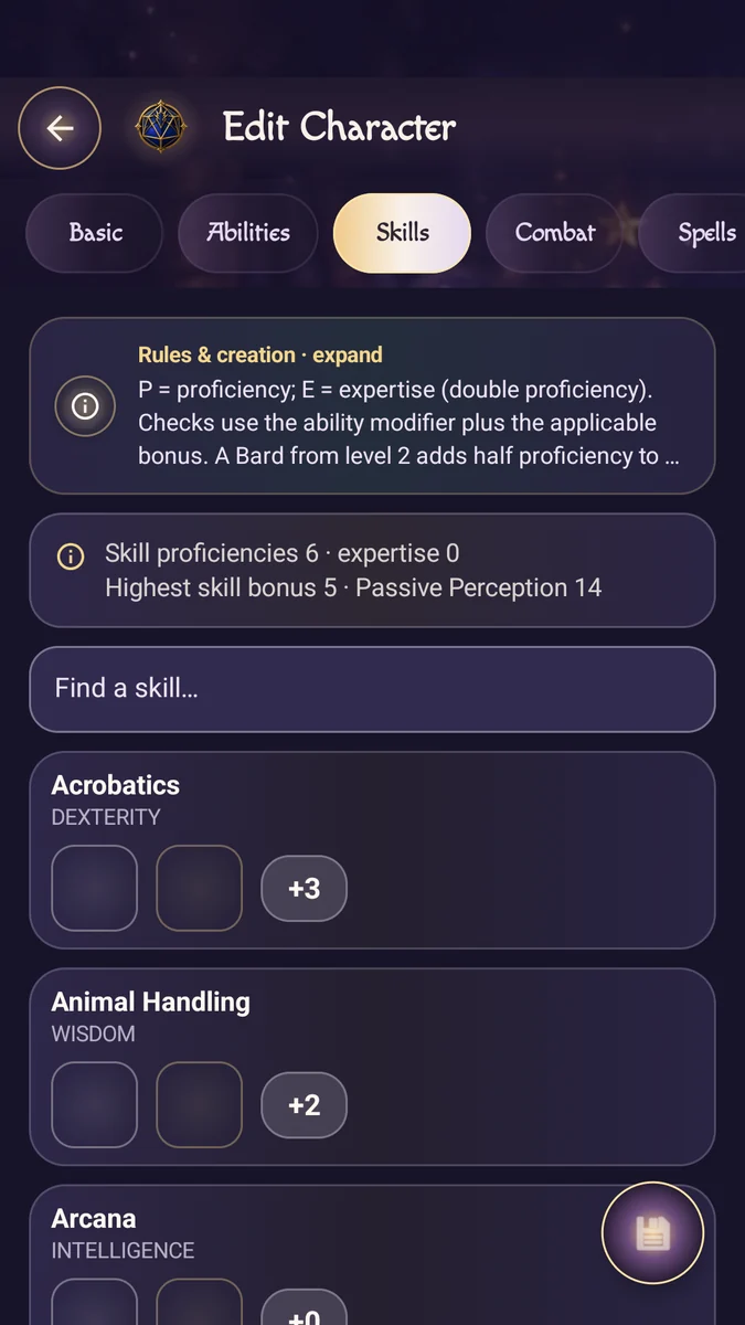 Character skills · D&D 5e