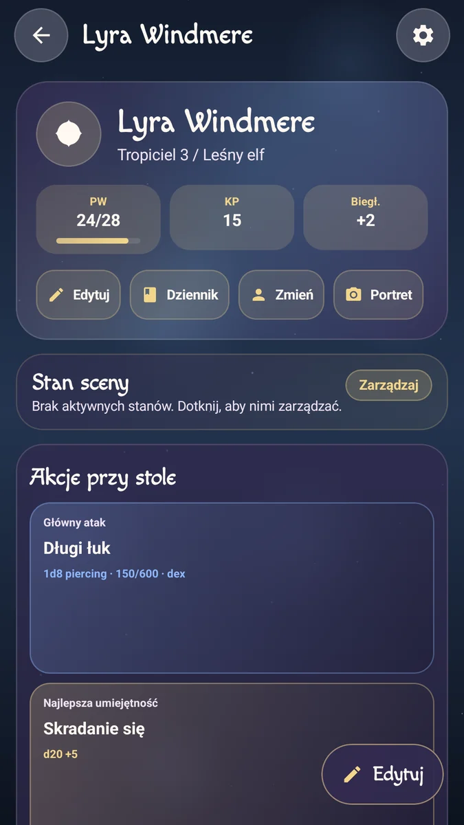 Karta łowczyni Lyry Windmere w D&D 5e.
