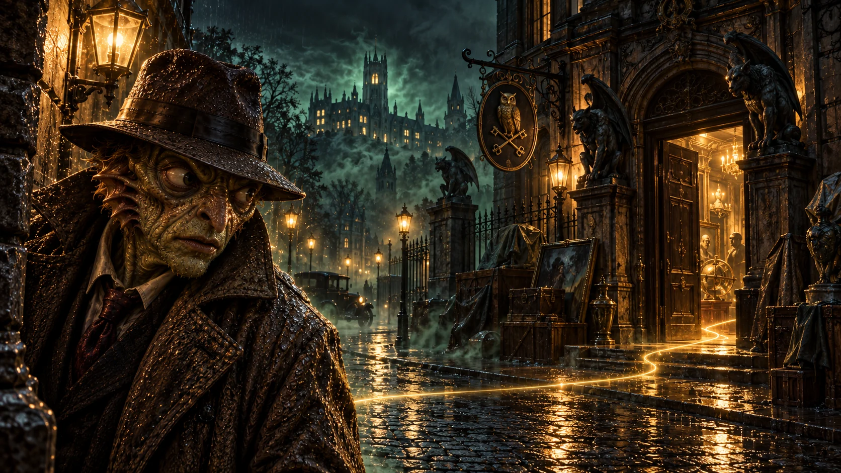 A grotesque detective in a foggy 1920s city.