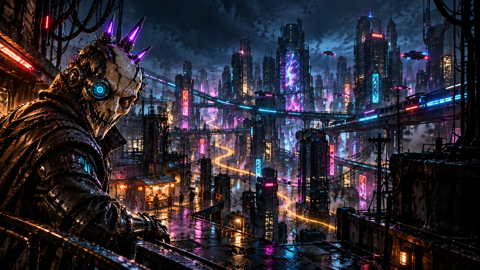 A ceramic-faced chrome edgerunner in a neon city.