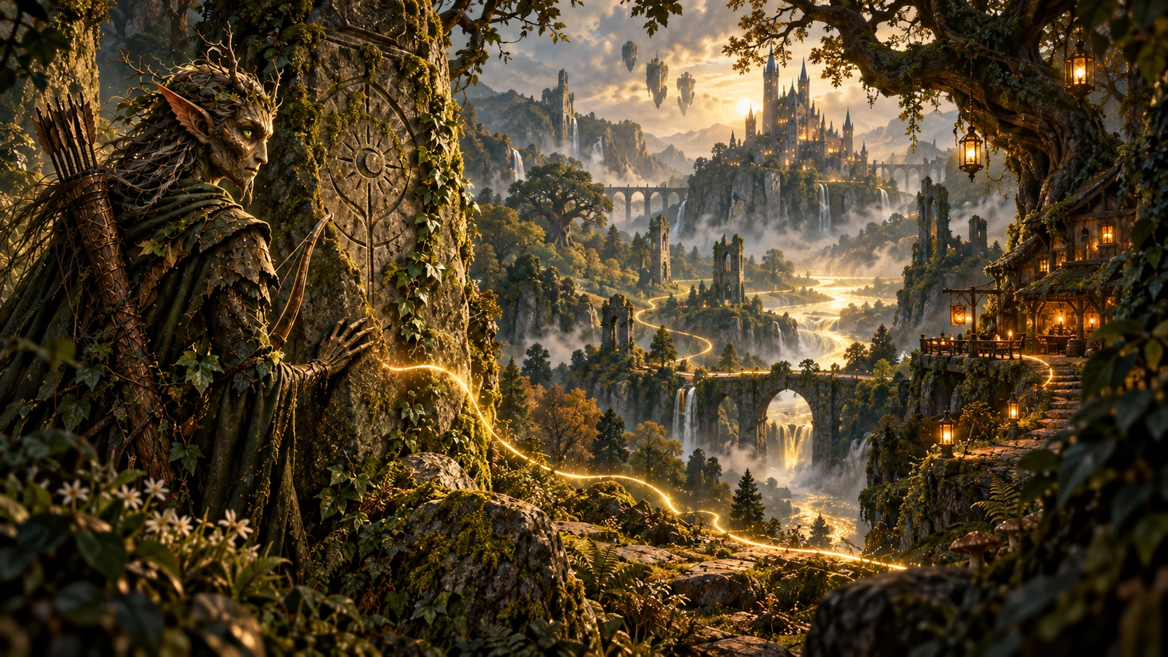 A wooden woodland fae beside a monolith above a magical valley.