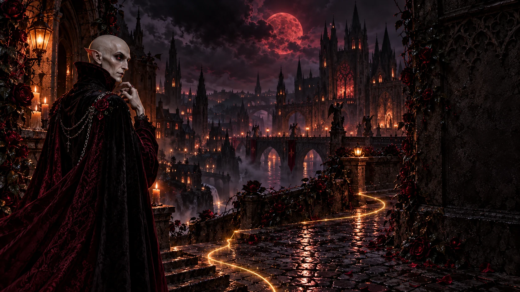 An androgynous vampire in a burgundy gothic night.
