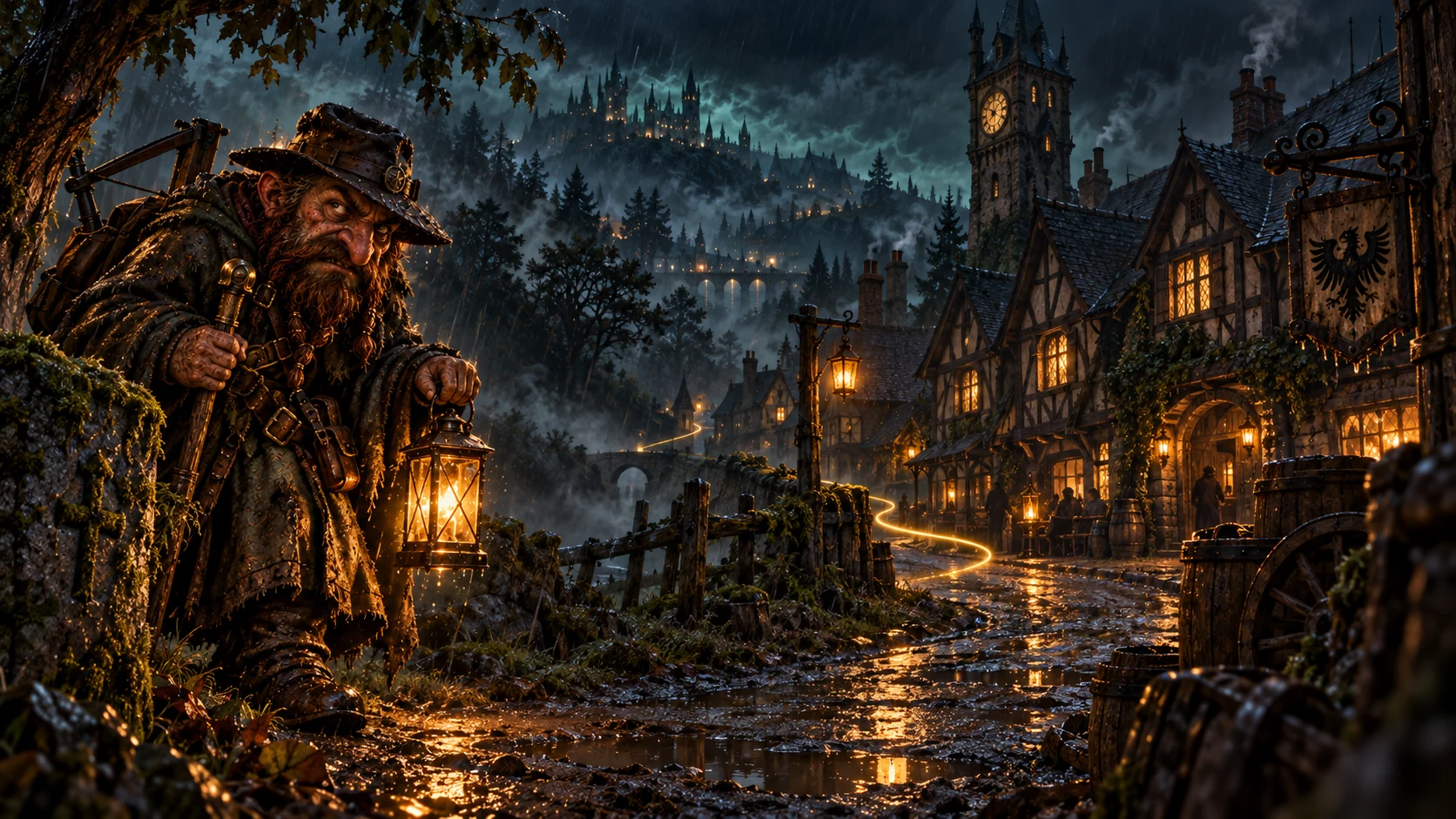 A grotesque roadwarden with a lantern beside an Old World inn.